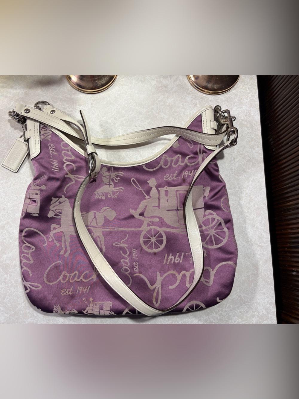 Coach Purple Signature Logo Shoulder Bag with White Trim